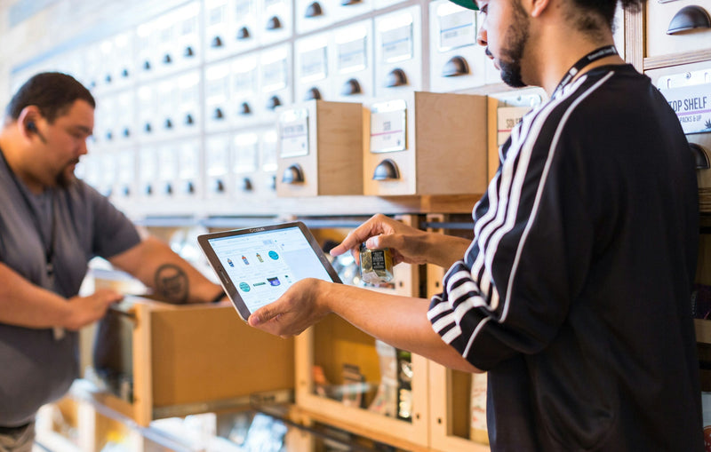 Business manager using a tablet to verify vendor data records and manage campaign workflow metrics.