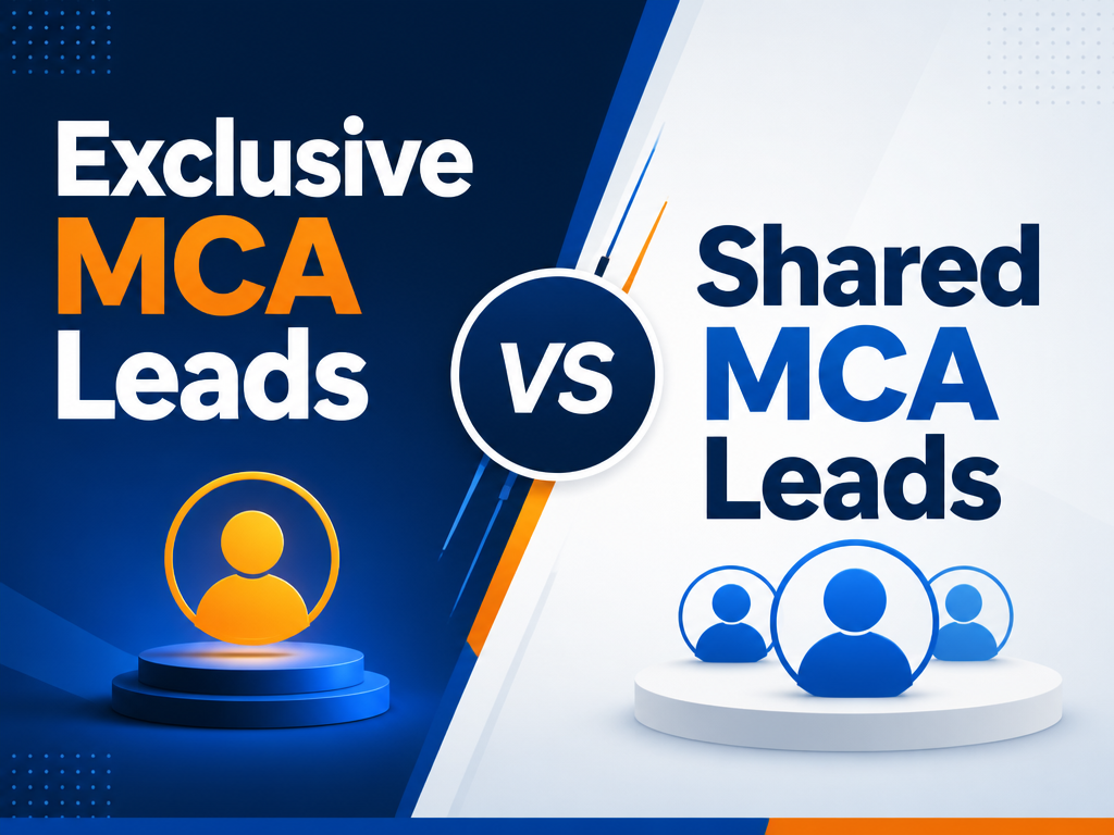 A graphic comparison for Meridian Leads illustrating Exclusive MCA Leads represented by a single orange user icon on a pedestal versus Shared MCA Leads represented by multiple blue user icons.